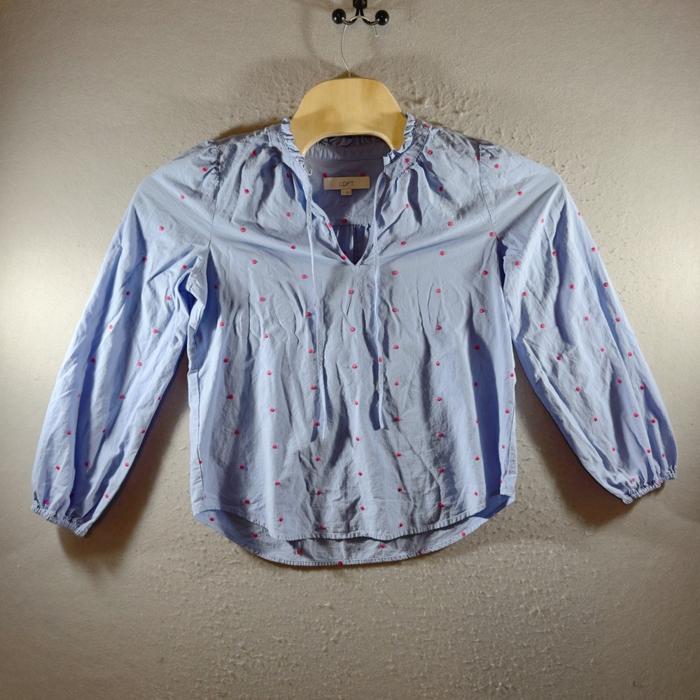 1526 | LOFT Embroidered Polka Dot Ruffle Neck Peasant Blouse Blue Pink Women S